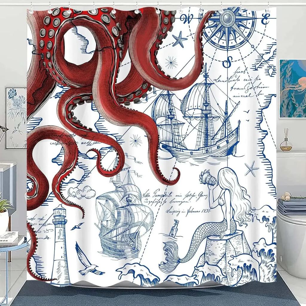 Vintage Nautical Octopus Shower Curtain Blue Mermaid Funny Ocean Kraken Anchor Coastal Map Polyester Fabric Bath Curtain Decor