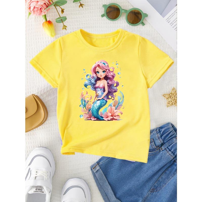 Girls Crewneck Summer Tee, Cute Cartoon Mermaid Princess Print Sweet Versatile Casual Short Sleeve Kids Top