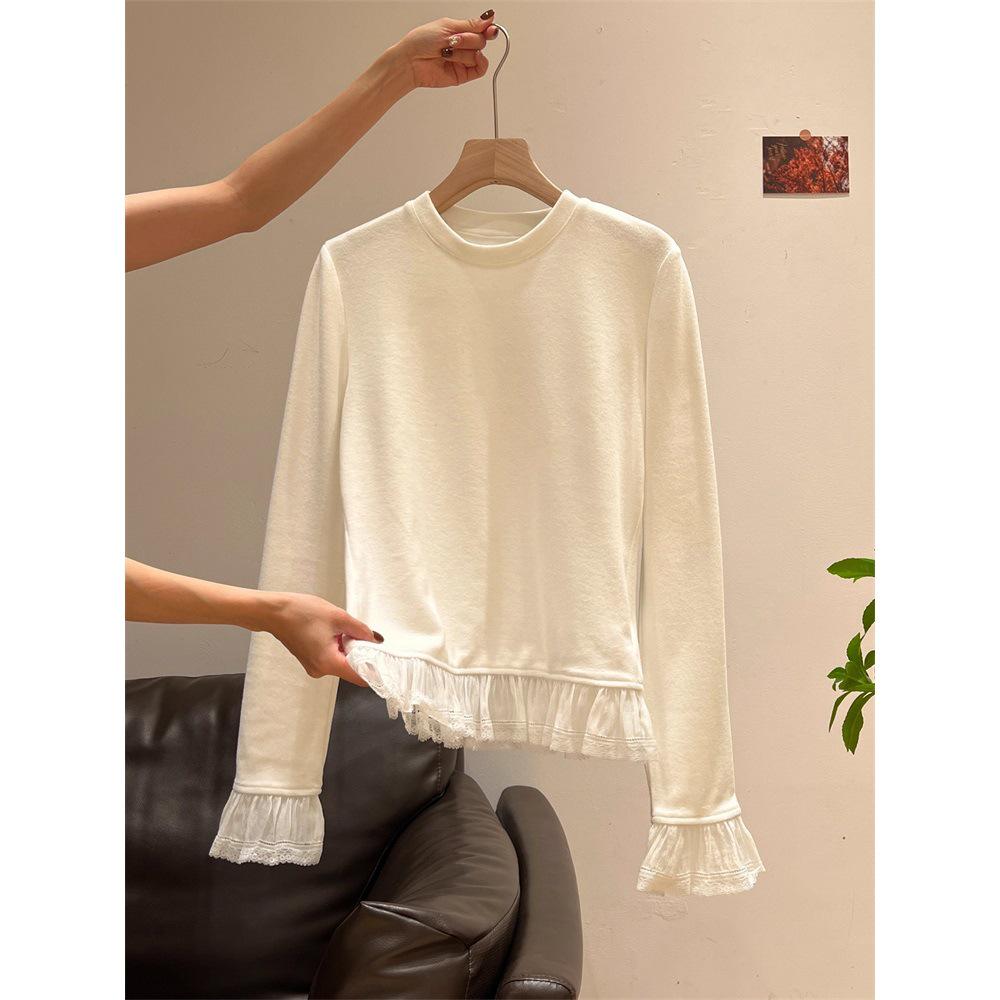 Korean Style Lace Trim Fleece Patchwork Long Sleeve T-Shirt for Autumn/Winter Women