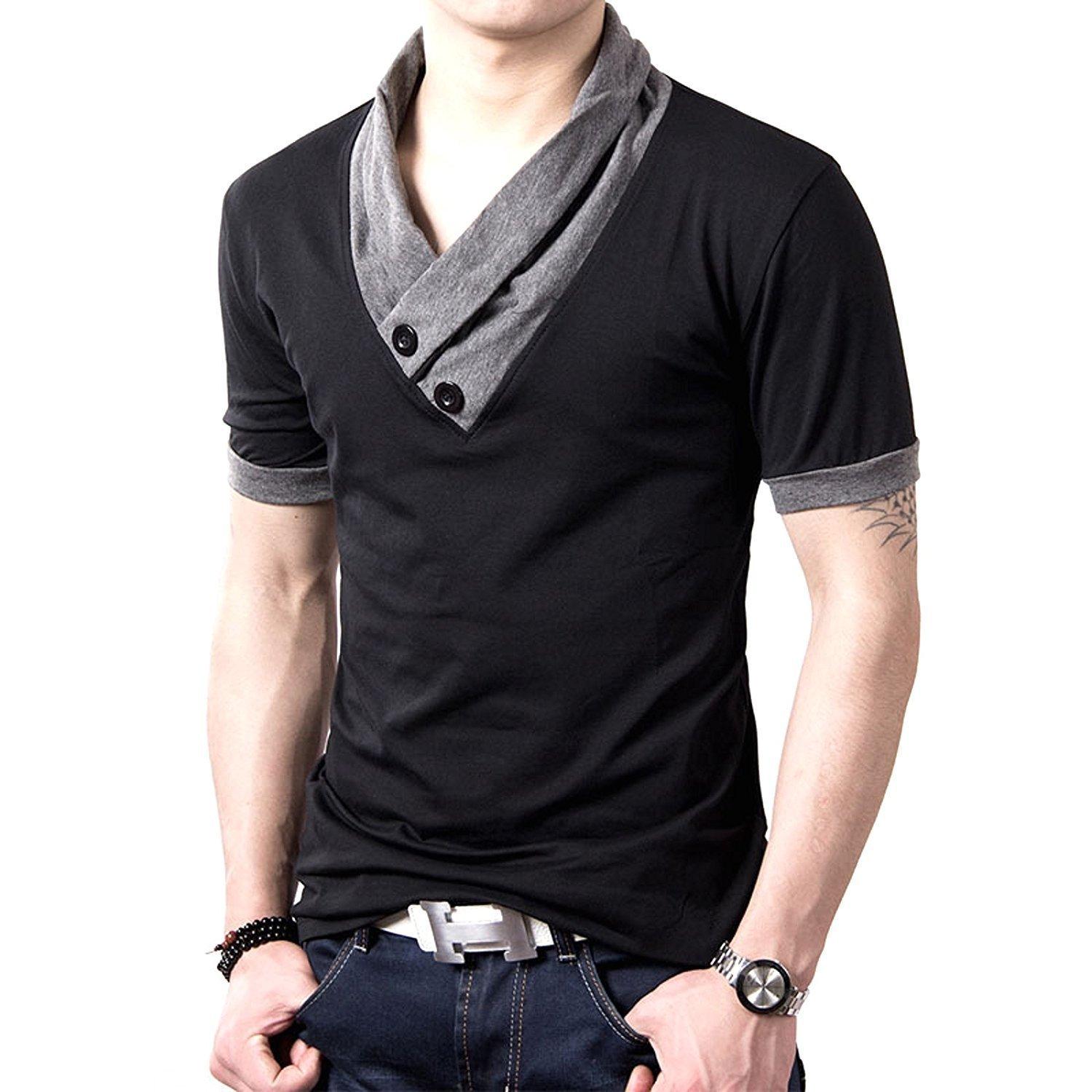

[Make 2 Be] Slim V-Neck Long/Short Sleeve T-Shirt, Two-Tone, 100% Cotton, Scarf-Style Casual Shirt, MF01 (06. Short Sleeve, Black, XXXXXL)