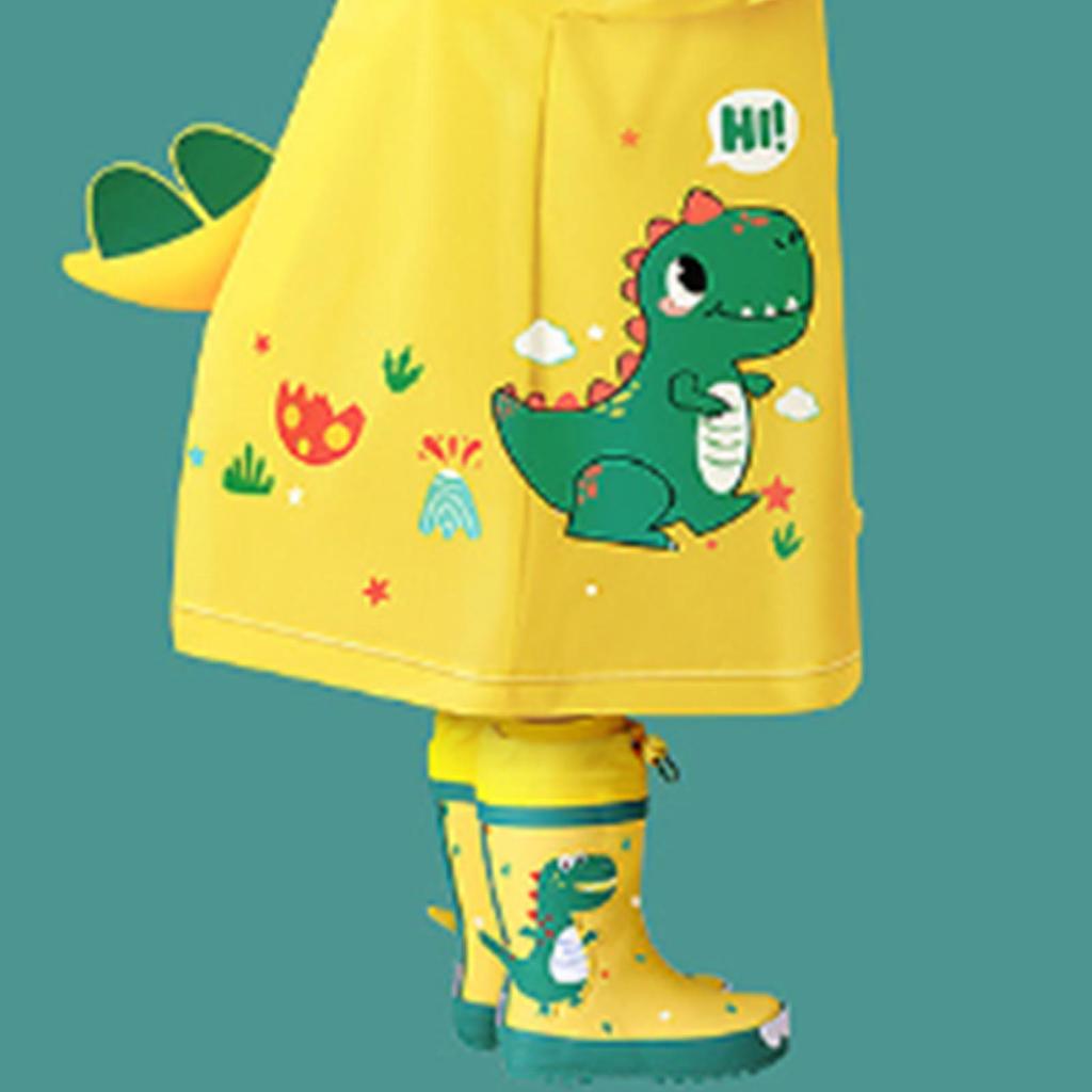 Kids Rain Boots Slip Resistant Cartoon Dinosaur Waterproof Rubber Children Tall Rain Shoes for Boys Girls Yellow and
