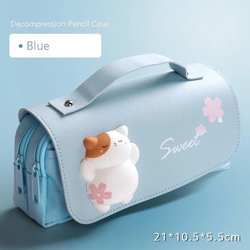 Estuche para lápices de descompresión con forma de gato, caja de lápices grande, bolsa portátil para bolígrafos para niñas, bolsa escolar de doble capa, estuche para lápices de papelería Kawaii