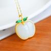 Apple Natural Hetian Jade Pendant Necklace: S925 Sterling Silver, Gold-Plated, Inlaid, Retro National Tide Style, for Women.