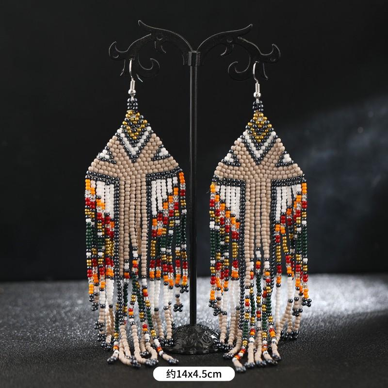 Hand-woven Bohemian Earrings, Long Rice Bead Fringed Earrings, Personality Temperament Women's Earrings.