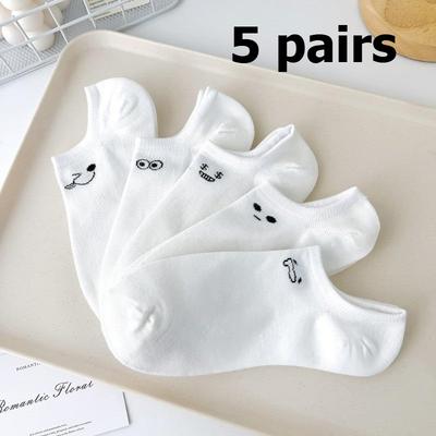 5 Pairs White Minimalist Short Socks Funny Expression Socks Sweat Absorbing and Odor Proof Thin Sports Low Cut Boat Socks