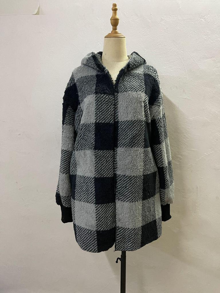 Women's Autumn/Winter Hooded Plaid Plush Cardigan Jacket