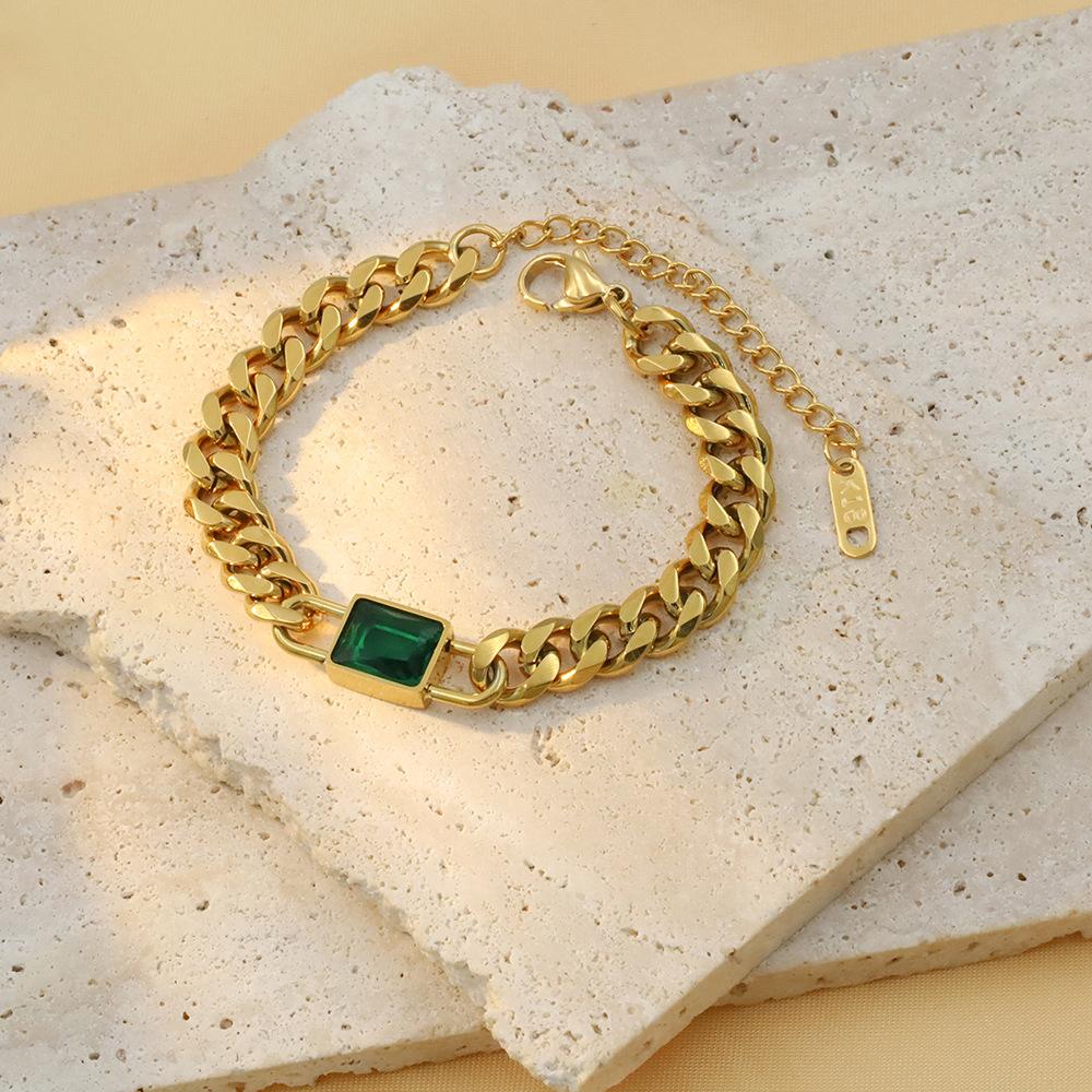 18K Gold Cuban Chain Square Zircon Bracelet, High-End Niche Color Zircon Titanium Steel Bracelet Jewelry.