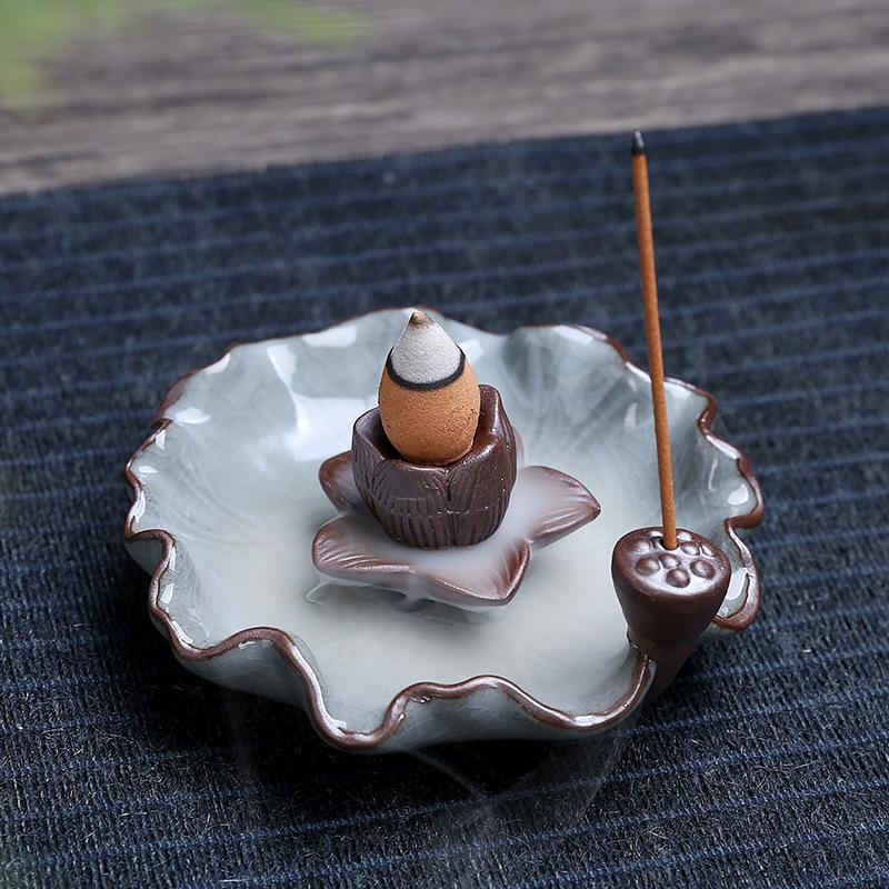 Lotus Ceramic Backflow Incense Burner & Holder - Ge Kiln Zisha Ornament