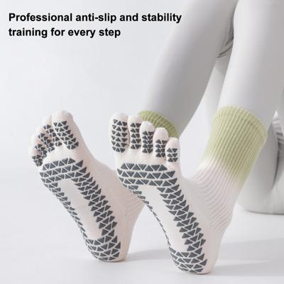 1 Pair Yoga Toe Socks with Non-slip Gripper Moisture Wicking Mid-calf Socks Women Ballet Dance Pilates Cotton 5-Toe Crew