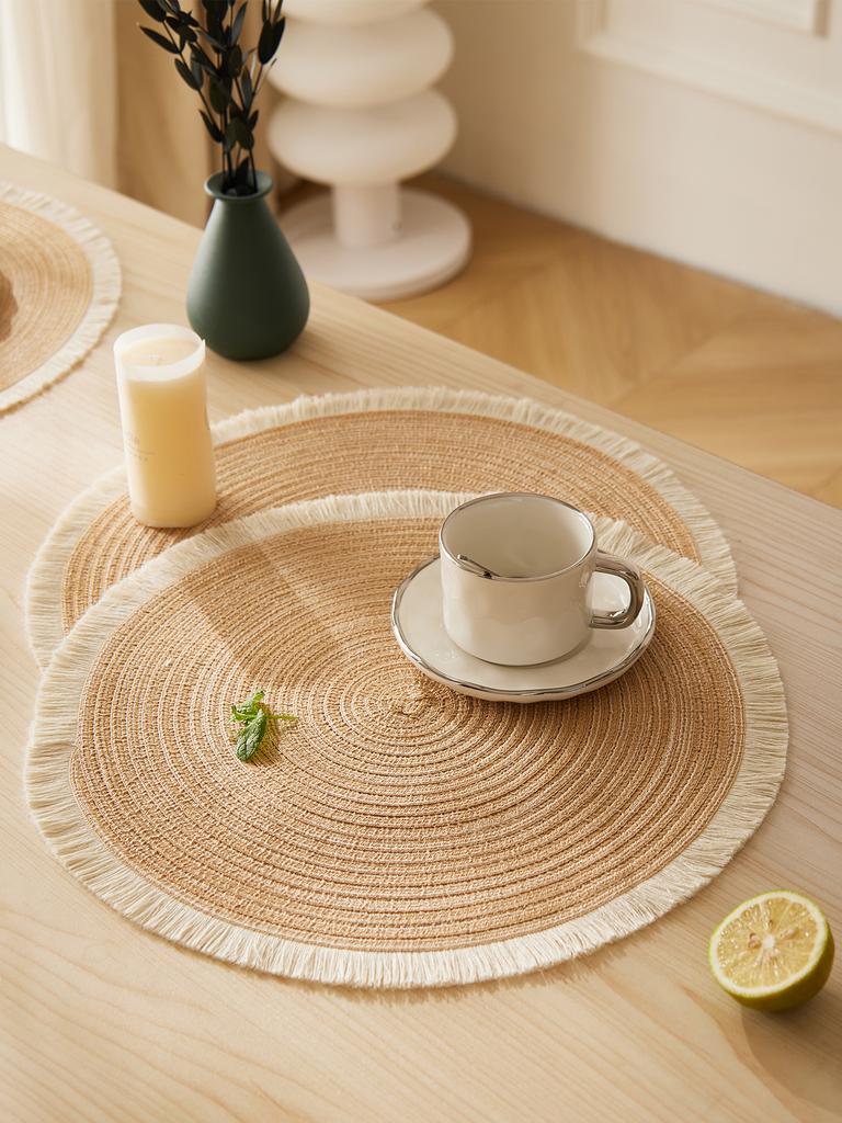 4pcs/set Hot Selling Fringe Eco-friendly Household Non-Slip Morden Style Table Woven Placemats Polyester Round Mat coaster set