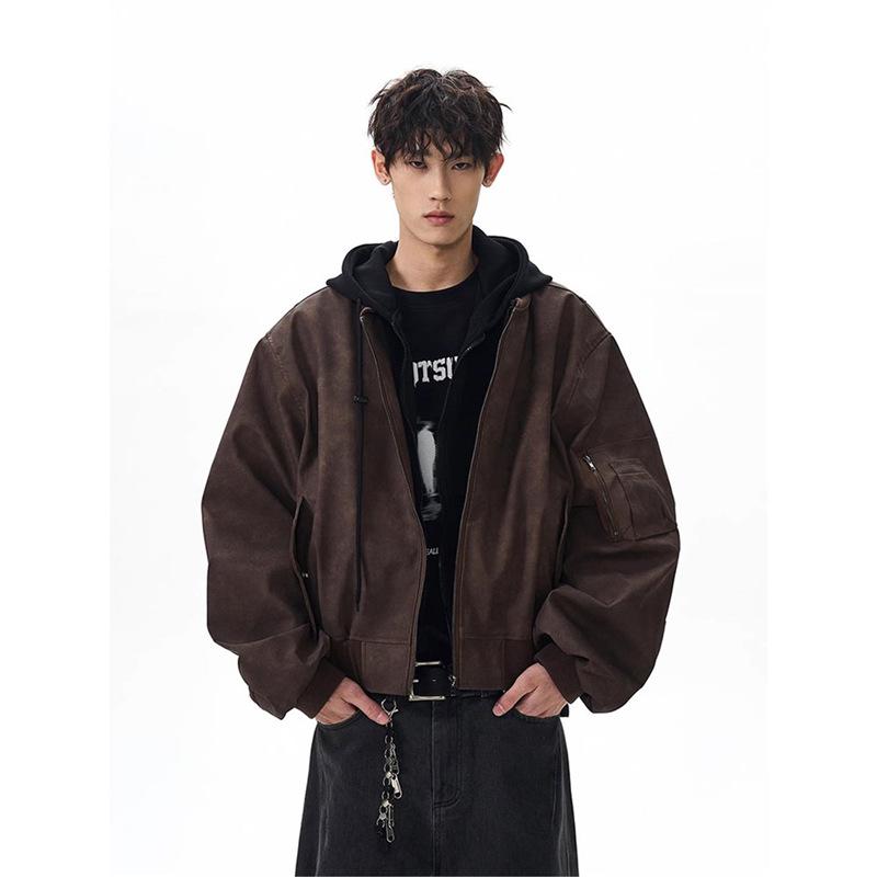 Herren Retro Zweiteilige Leder Fliegerjacke - Cleanfit Scheunenstil Locker Arbeitskleidung