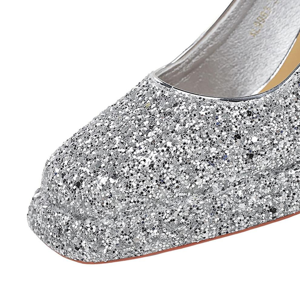 Women's Shoes with Thick Heels, High Heels, Waterproof Platform, Shallow Mouth, Square Toe, Sequins, Straight Strap, Single Shoe