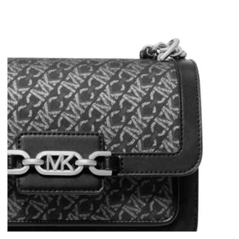 Michael Kors Grayson Logo All-over Flap Closure, Faux Leather, Shoulder Crossbody Bag, Large, Women's, Black with Silver