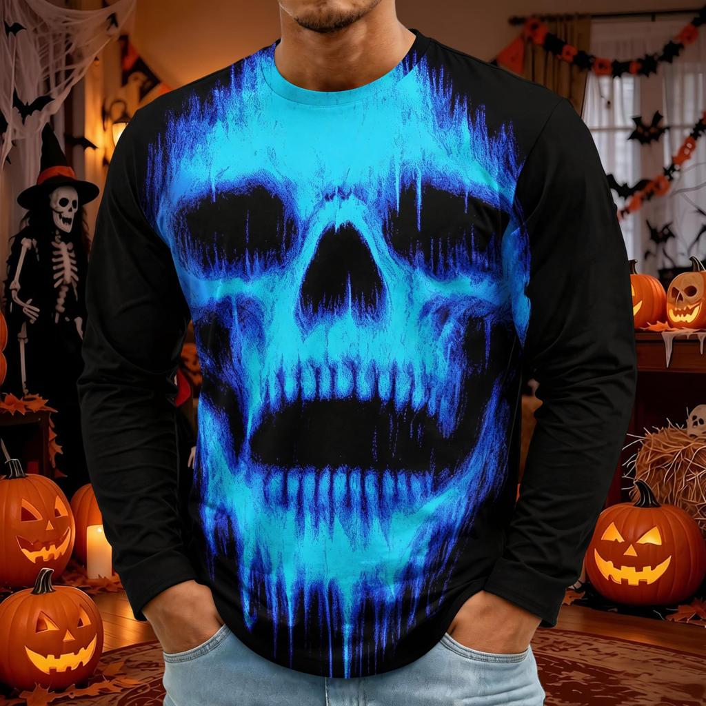 Men's Halloween Print Long Sleeve Round Neck T-Shirt Fashionable Top