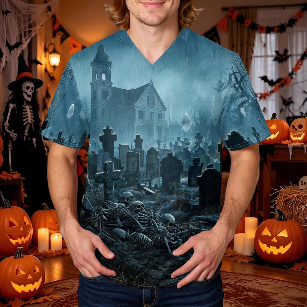 Men's Halloween Print V-Neck Scrub Top with Pockets Comfort Fit for Daily Work