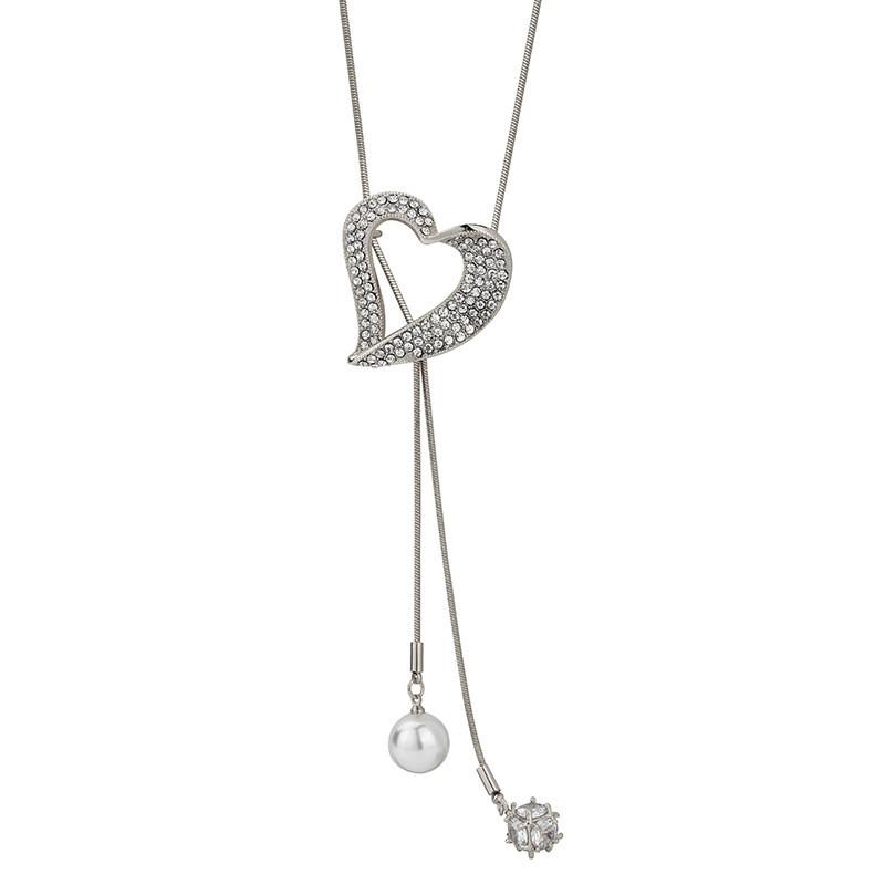 Fashion Heart Shape Pearl Crystal Long Necklace For Women With Zircon Decor