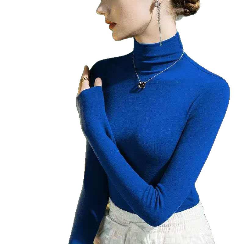 Brushed Women's Semi-High Neck Slimming Long Sleeve Top - Fashionable and Versatile.