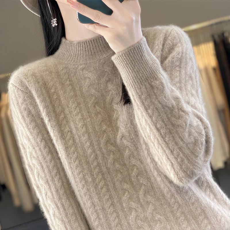 Women's Vintage Cable Knit Wool Sweater, Semi-High Neck, Long Sleeve, Thickened Cashmere, Loose Fit