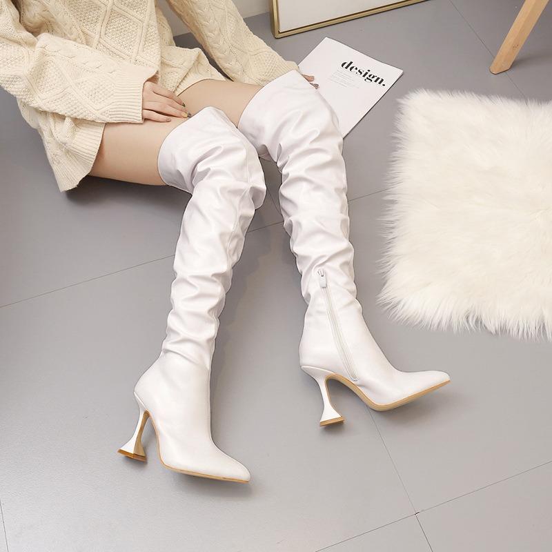 Winter Women's 10cm Stiletto Pointed Pleated Leather Boots Black White Heeled Over The Knee Boots Side Zipper Women Shoes 35-42