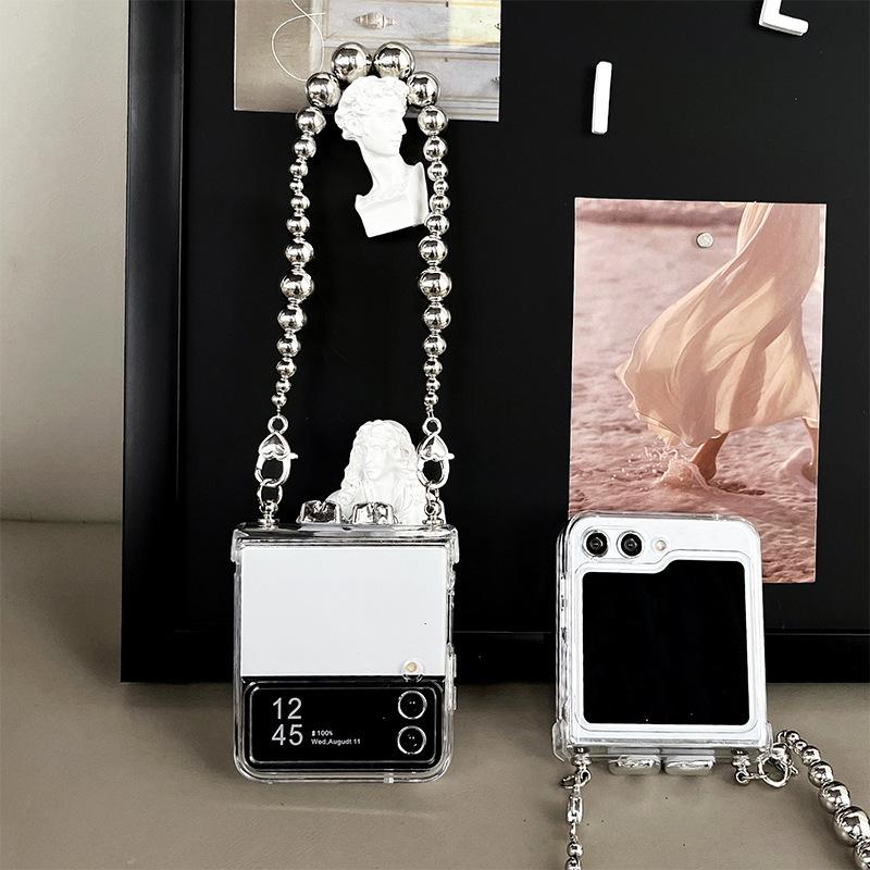 For Samsung Zflip6 Phone Case Flip Cover Folding Screen Handheld Chain Electroplated Heart-shaped Teddy Bear W24clip Transparent