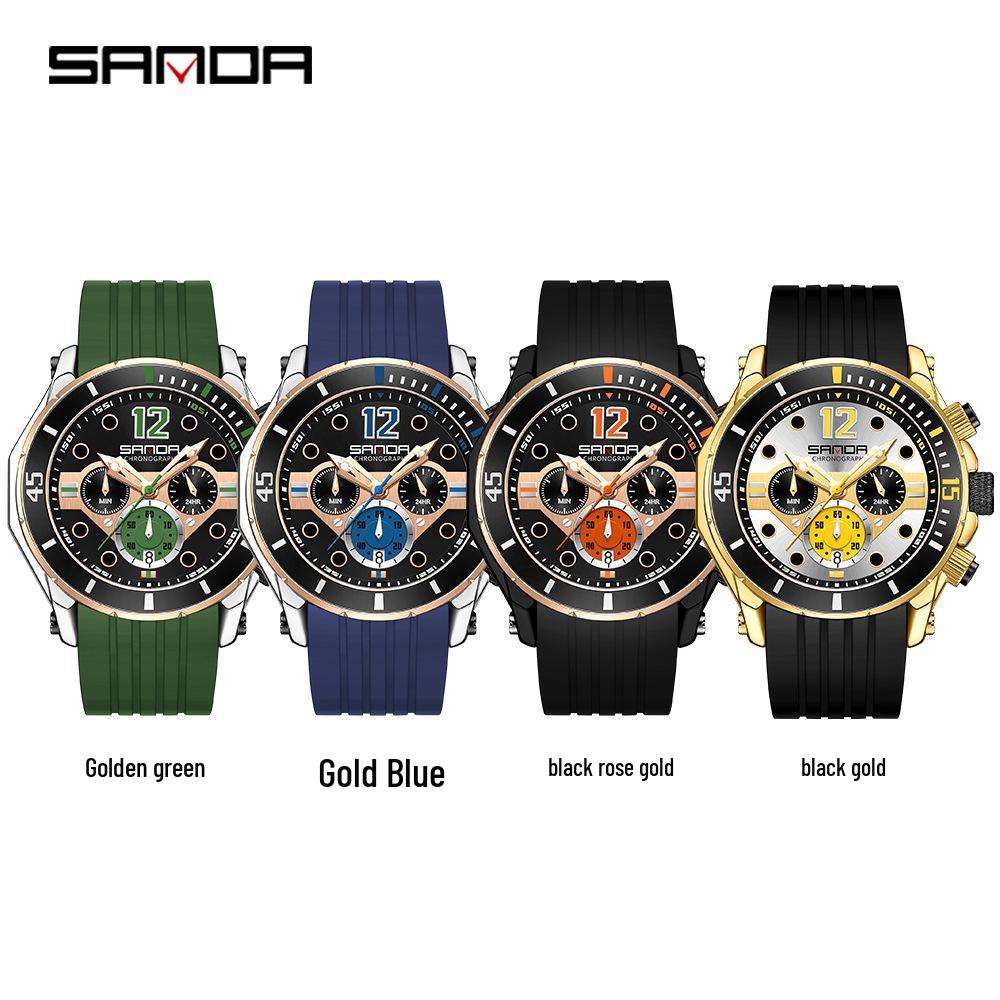 Sanda Men's Quartz Watch - Fashionable, Waterproof, Multifunctional Design with Three Dials and Date Display.