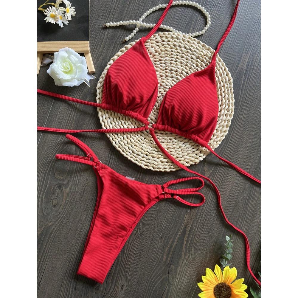Bandage Swimsuit Women Sexy Bikini Ribbed Swimwear Triangle Bikini Set Two Piece Suit Beachwear Micro Thong Biquini