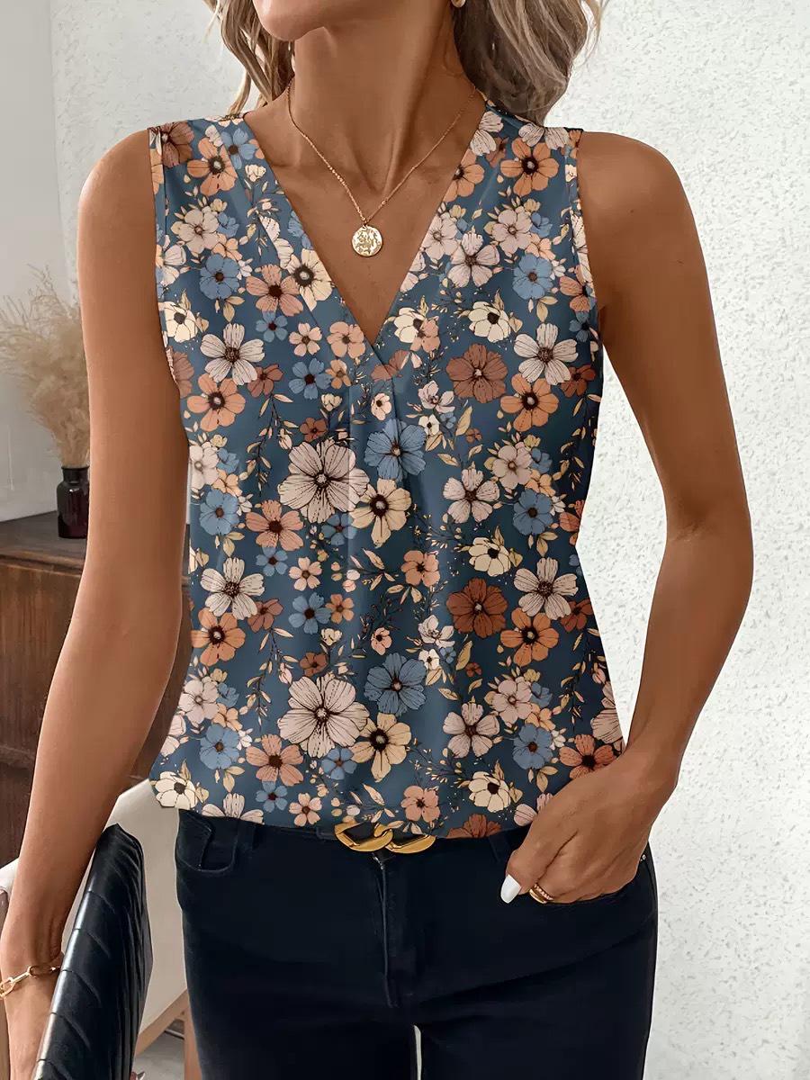 European and American Cross-Border Women s Summer 2026 V-Neck Sleeveless Printed Tank Top S цветочный