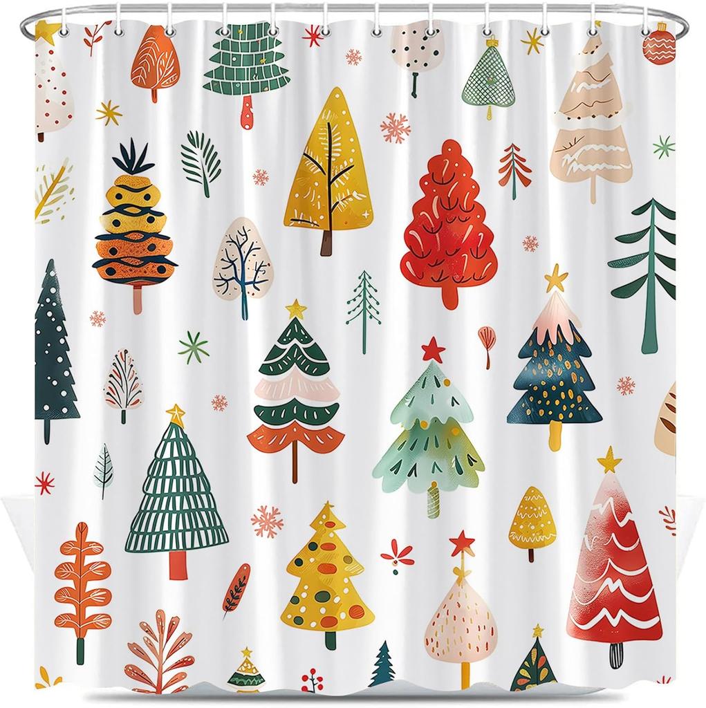 Christmas Tree Shower Curtain Cartoon Xmas Trees Winter Snowflake Cute Pine Fir Happy New Year Holiday Polyester Fabric Bathro