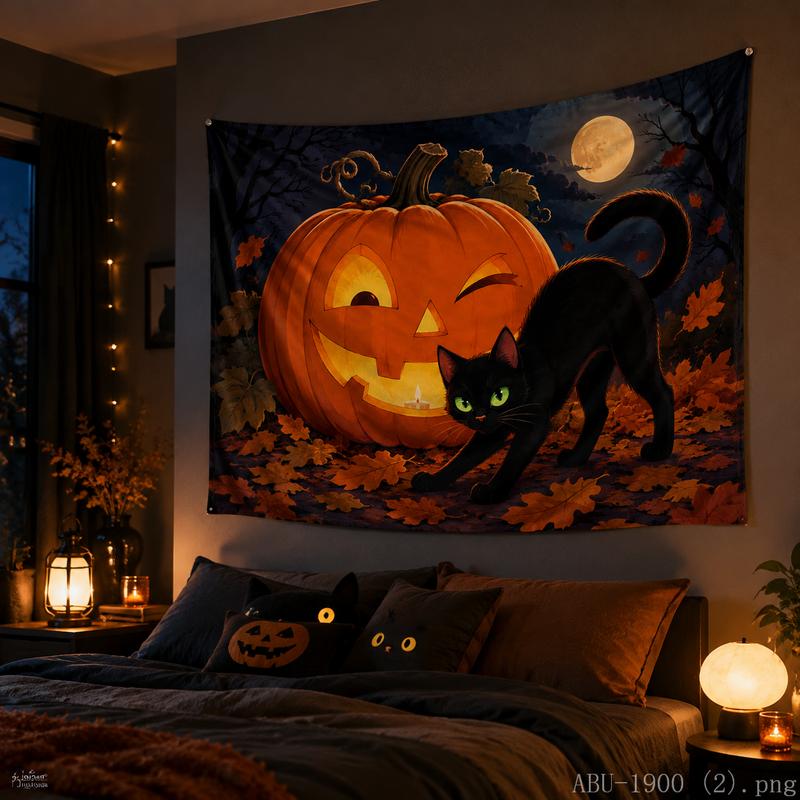 Sad Vintage Pumpkin Tapestry Dry Maple Leaf Candle Dark Halloween Art Wall Hanging Bedroom Dorm Decor Cloth