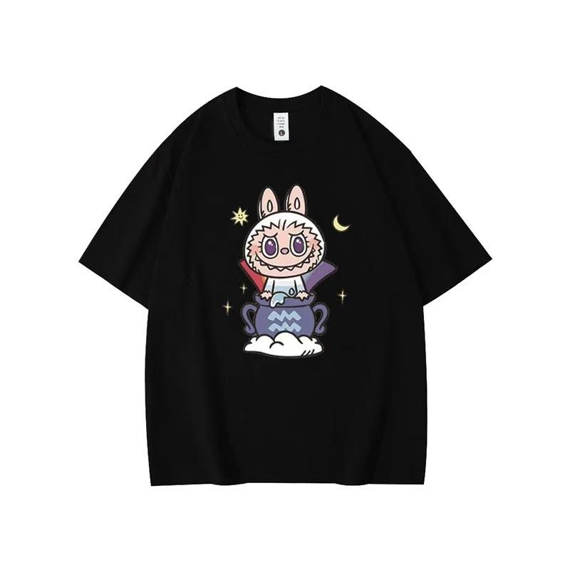 Summer Round Neck Labubu Pattern Printed Top Fashionable Casual Pure Cotton Short Sleeved Women's T-shirts