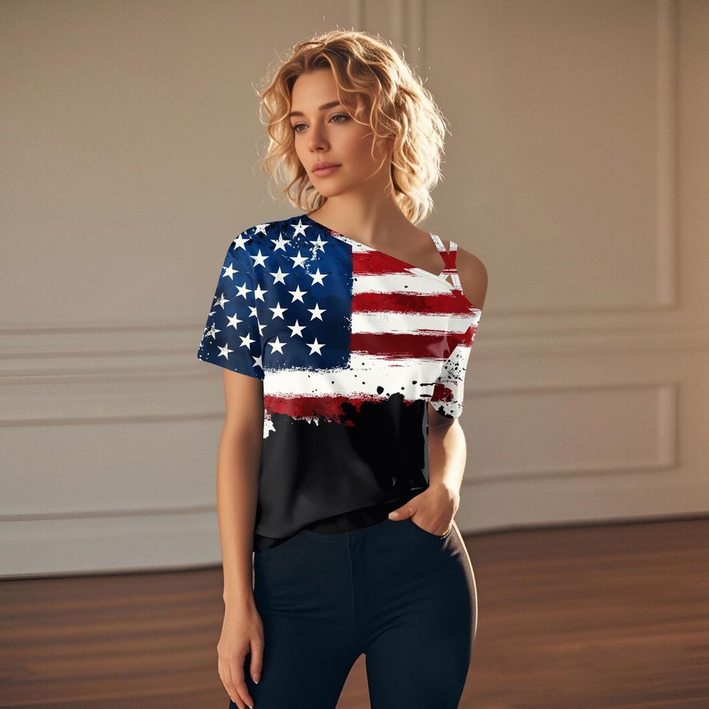 Women's Fashion Casual Independence Day Print Sexy Cold Shoulder Short Sleeve T-shirt Top