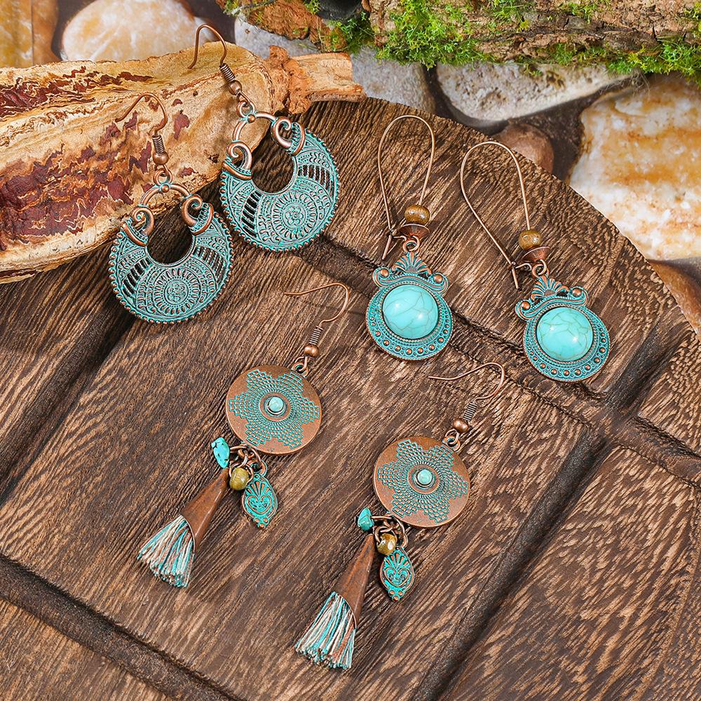 Cercei turcoaz Cercei boemi cu ciucuri, aliaj geometric, stil retro, accesorii urechi lăudăroși