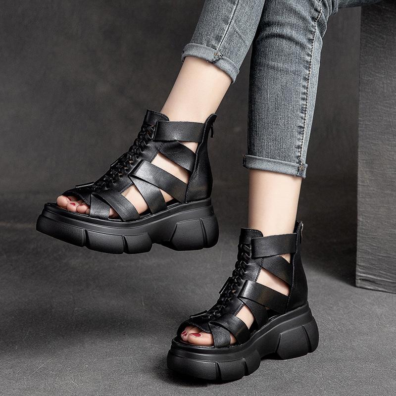GKTINOO Genuine Leather Women Shoes Summer Sandals 2025 New Zip Retro Wedges Handmade Weave Casual Concise Platform Sandals