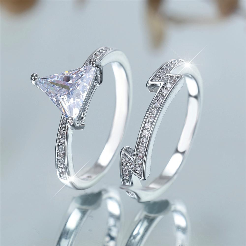 Crystal Female White Zircon Triangle Stone Ring Set Fashion Luxury Silver Color Bridal Wedding Engagement  For Women