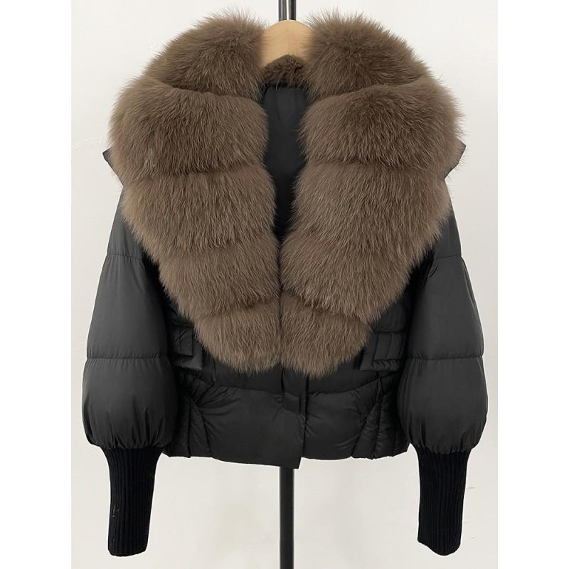 Womens Short Puffer Coat With Real Fox Fur Collar Winter Warm Down Jacket Loose Fit Small Stature