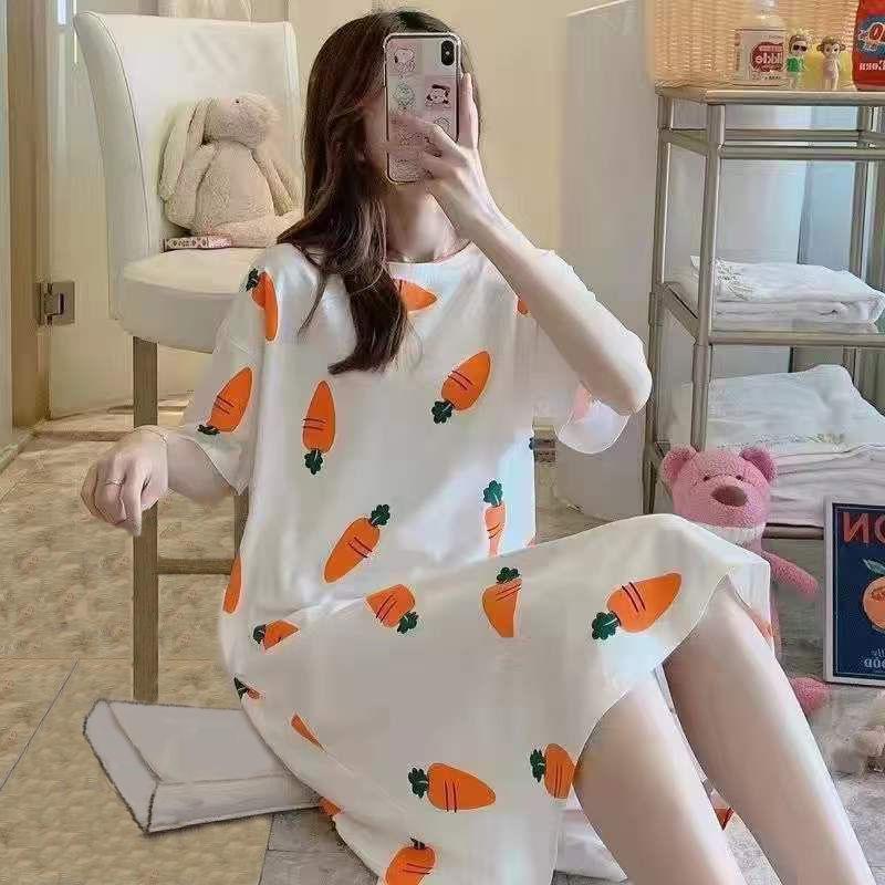 Summer Women's  Loose Short-Sleeve Cartoon Nightdress Cute Lightweight Student Style Sleepwear Home Wear Pajamas