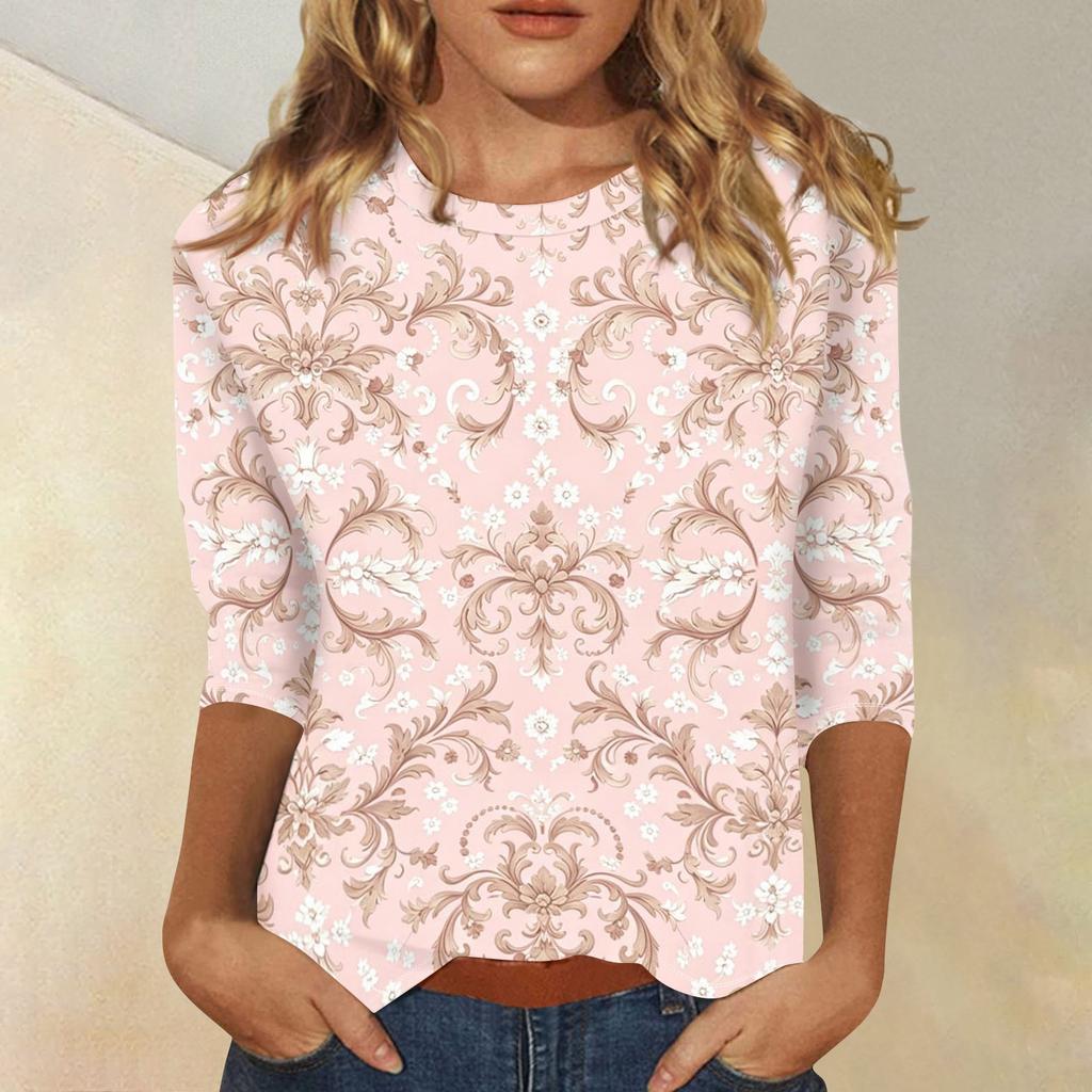 Women's Casual Three Quarter Sleeve Floral Print Top Round Neck Blouse Lightweight Comfortable Fit Suitable for Everyday Wear