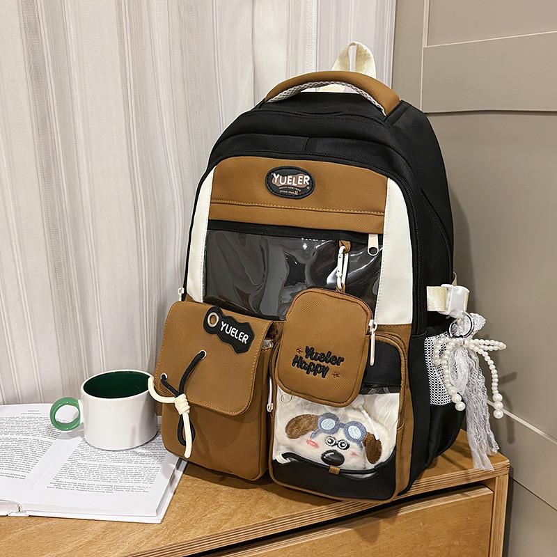 Blocked Color Sweet Letter Patter Student Backpack With Transparent Compartment