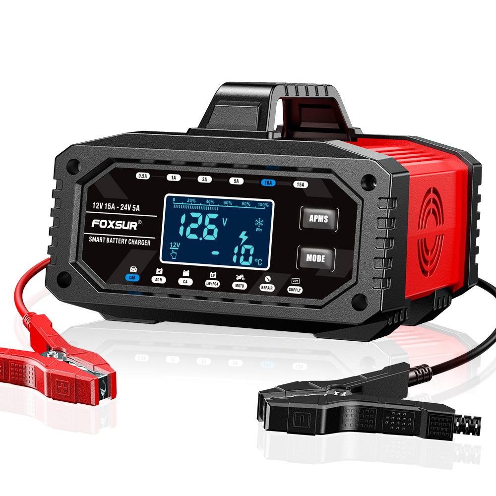 12/24V 15A Smart Battery Charger 10- Stage Charger Protect for LiFePo4 Wet Deep-Cycle Battery Usage