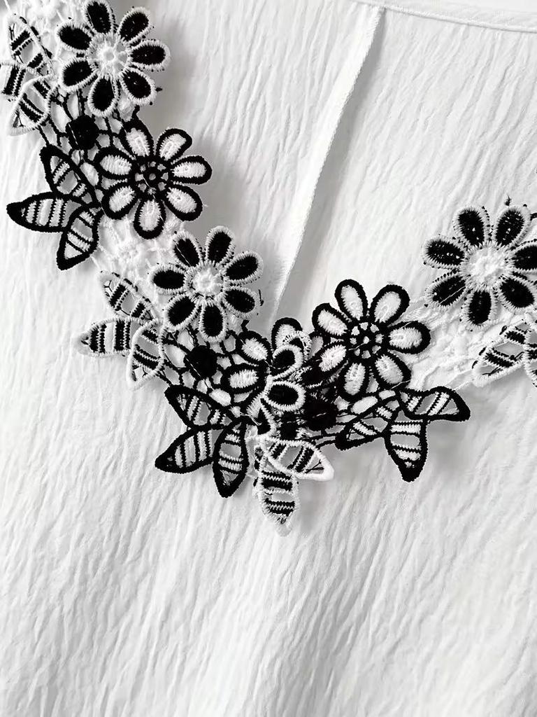 2026 European Plus Size Women's Summer Lace Patchwork Short Sleeve Shirt