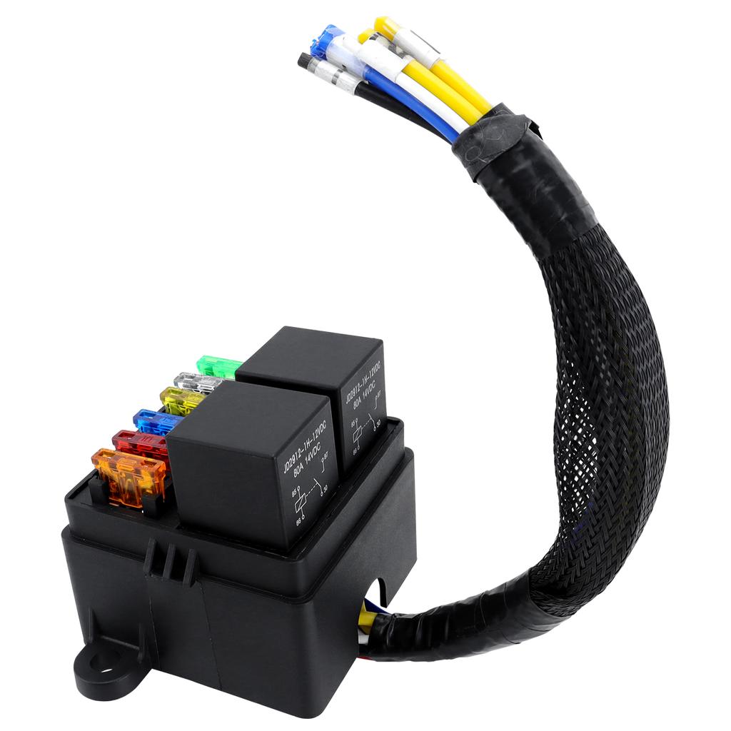 6-way with 2 relay boxes,car 12V fuse box, 2 4-pin 80A relays and 6 ATCATO fuse holders, suitable for cars, RVs, ships, etc
