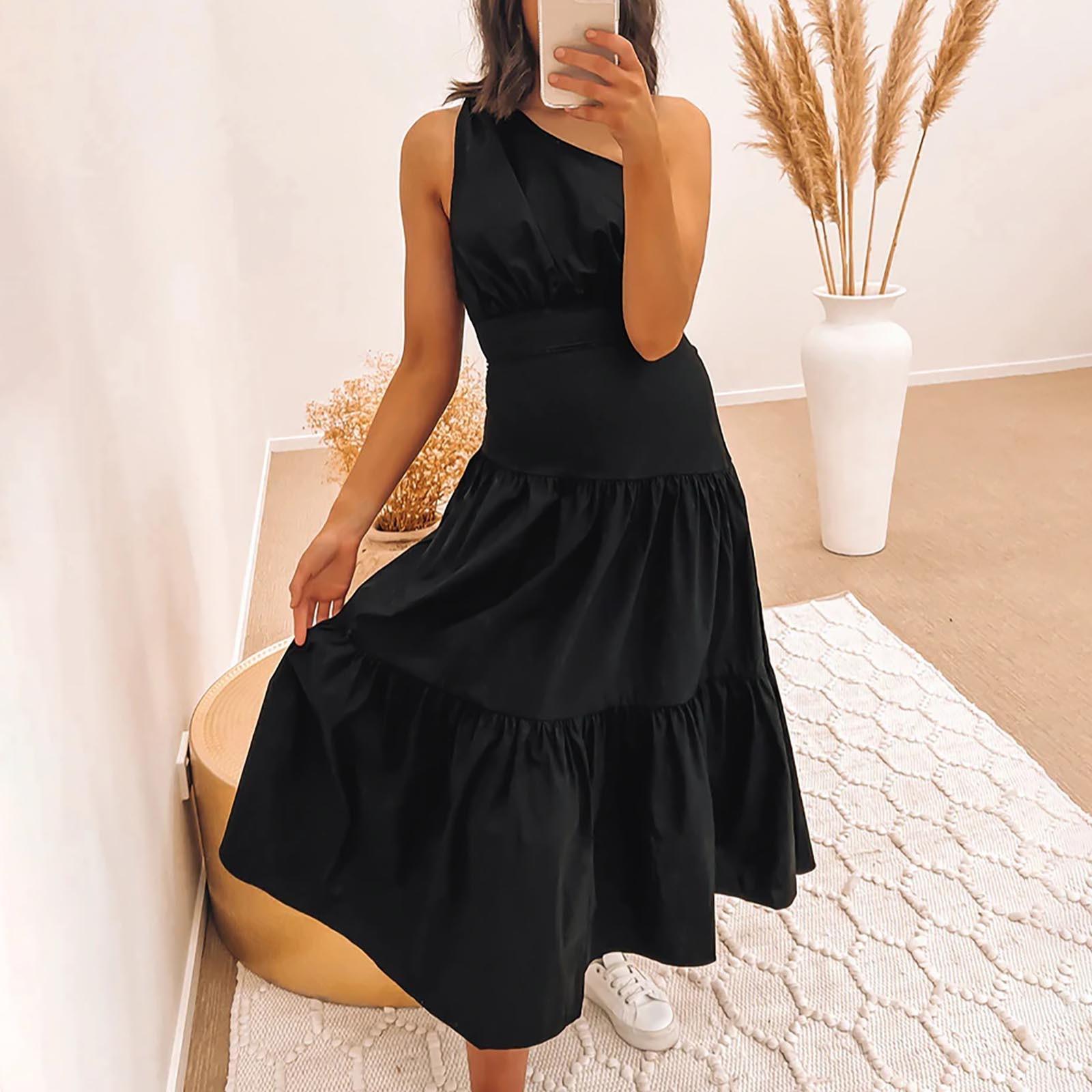 

Женское однотонное платье с напуском на одно плечо в курортном стиле L чёрный