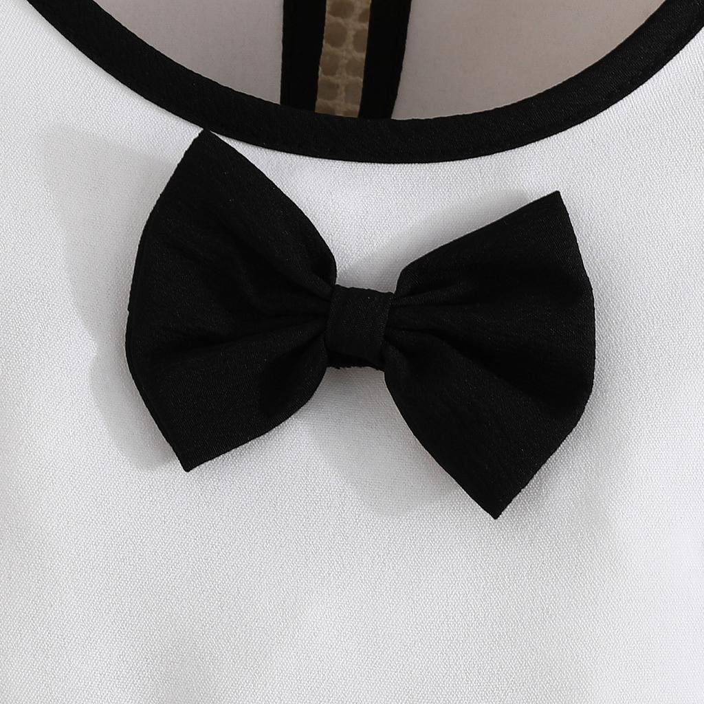 Girls Black and White Classic Set Ruffled Short Sleeve Bow Decorated Top + Pleated Skirt