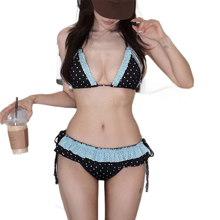 European And American Sexy Bikini Two-Piece Suit Polka Dot Contrasting Color Ruffle Edge Splicing Lace-Up Backless Swimsuit Women