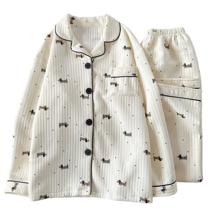 Polka dot dachshund air cotton interlayer pajamas women's autumn and winter long-sleeved loungewear set real shot