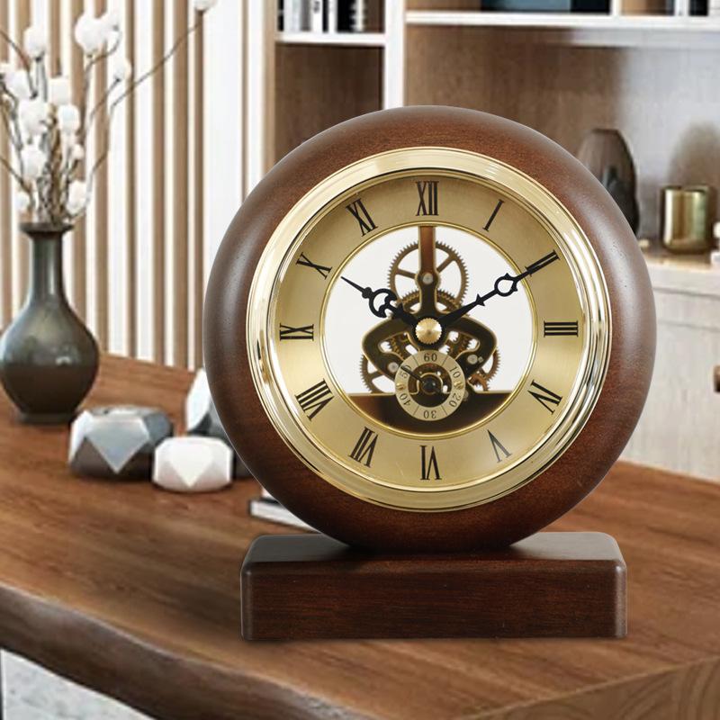 130MM Solid Wood Perspective Mantel Clock with Visible Internal Rotating Gears, Office Desk Clock