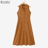 ZANZEA Women Summer Turn Down Collar Casual Sleeveless Long Dress