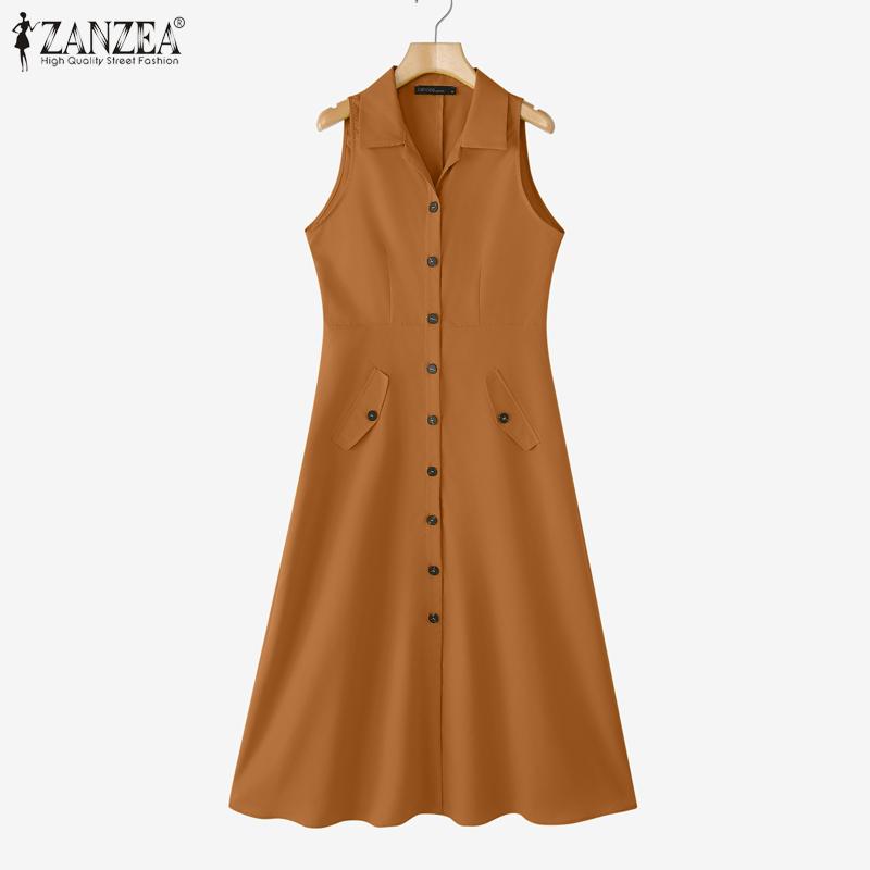 ZANZEA Women Summer Turn Down Collar Casual Sleeveless Long Dress