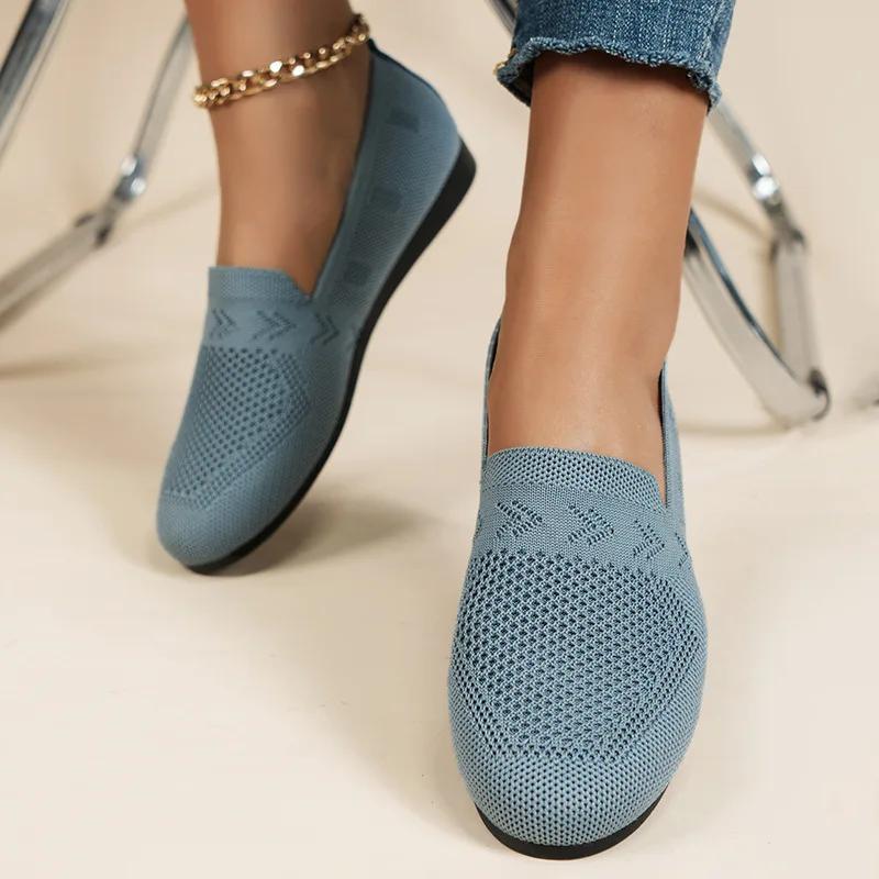 Loafers Women's Square Toe Breathable Slip on Square Toe Mesh Women Flats Shoes Soft Bottom Knit Ballet Flats Shoes Boat Shoes