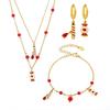 Qiong Yao Double Layer Garnet Jewelry Set: Necklace, Bracelet, Asymmetrical Earrings